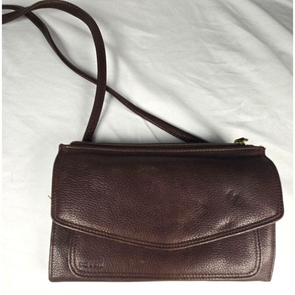 Fossil Brown Genuine Leather Organizer Crossbody Wallet Purse Shoulder Bag